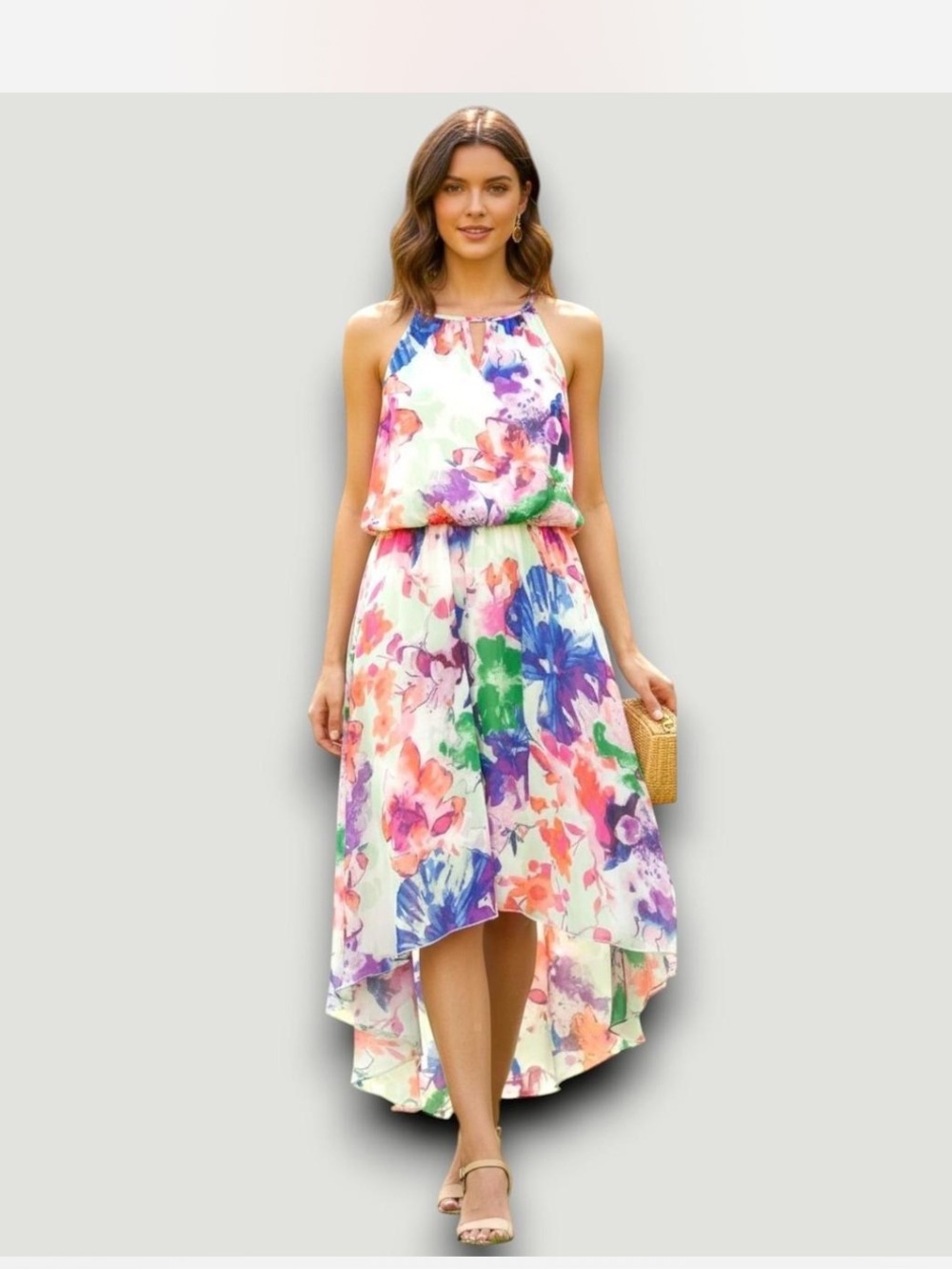 Lily Rose Floral High-Low Halter Dress - White with Pink, Purple, Blue, Green